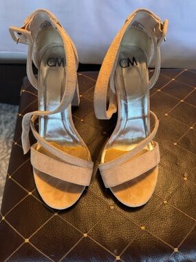 CM Women's Beige Suede Block Heel Sandals with Ankle Strap